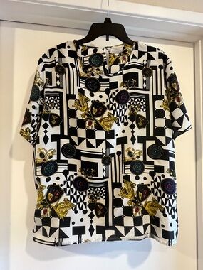 Versace-Inspired Baroque Scarf Print Blouse Gold Chain Medallion Top L/XL